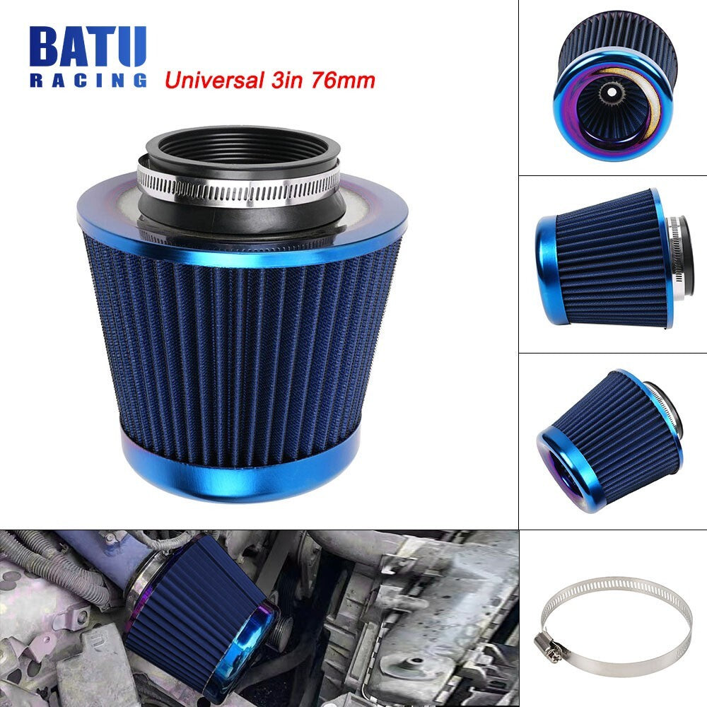 New Blue 3 76mm High Flow Inlet Cold Air Intake Cone Replacement Dry Air Filter