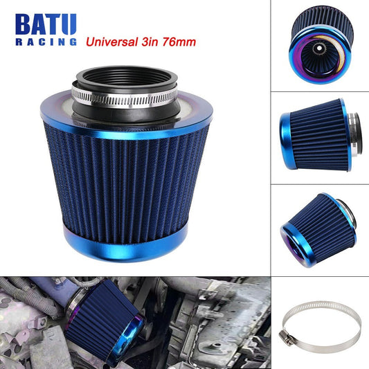 New Blue 3 76mm High Flow Inlet Cold Air Intake Cone Replacement Dry Air Filter