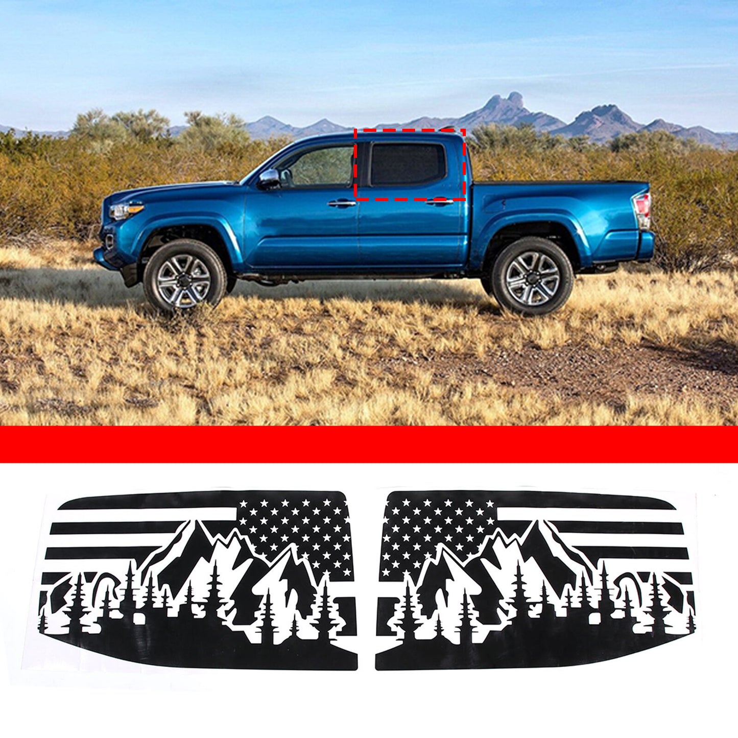 American flag mountain scene decal for Tacoma 2016-2023 doors and windows 2X- n