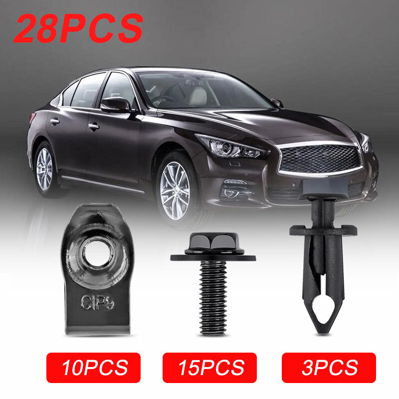 28pcs/Set Car Engine Splash Shield Body Bolt Screws Nut Fender Bumper Clip Rivet
