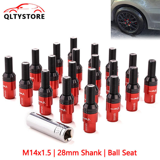 20x M14x1.5 Wheel Lug Bolt Set 28mm Shank Ball for Seat Studs for Audi for VW for Benz Red Q