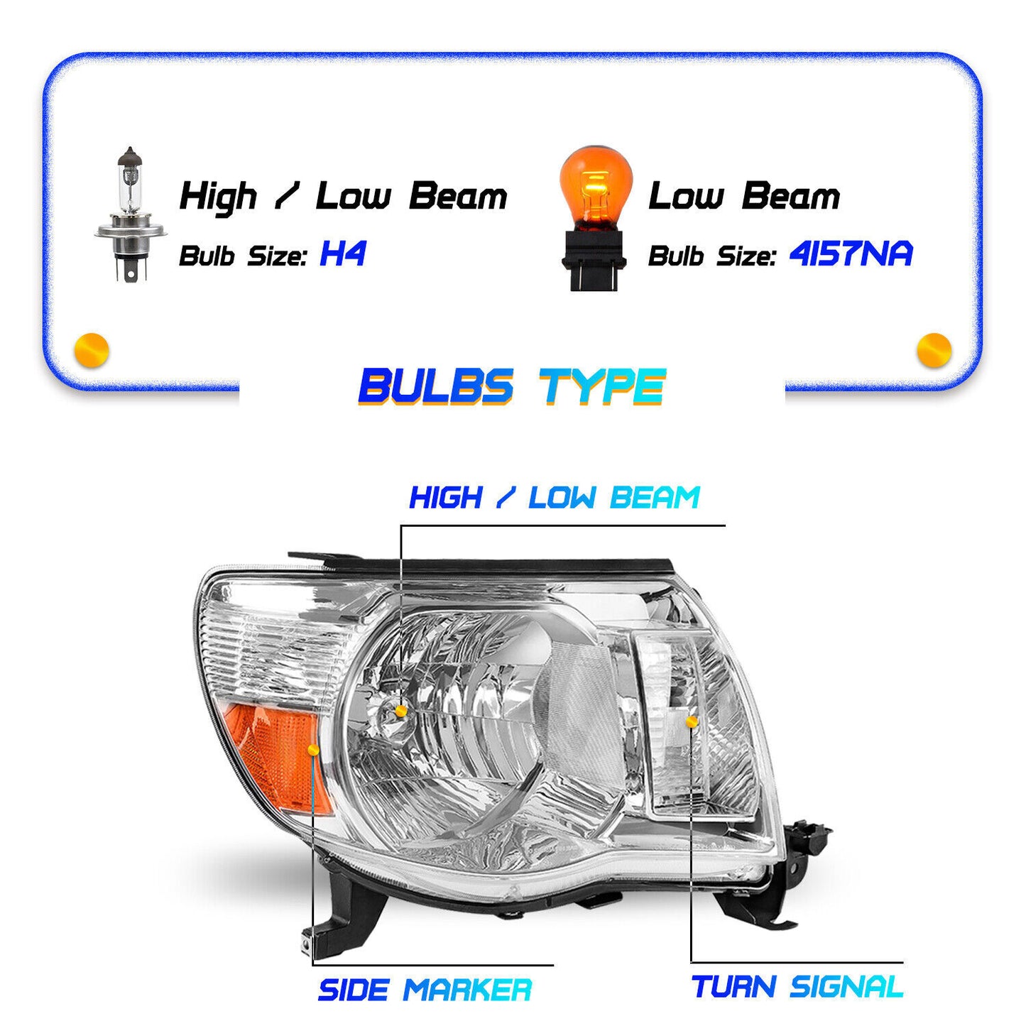 Pair of amber corner lights for chrome headlight assemblies on 2005-2011 for Toyota Tacoma vehicles.