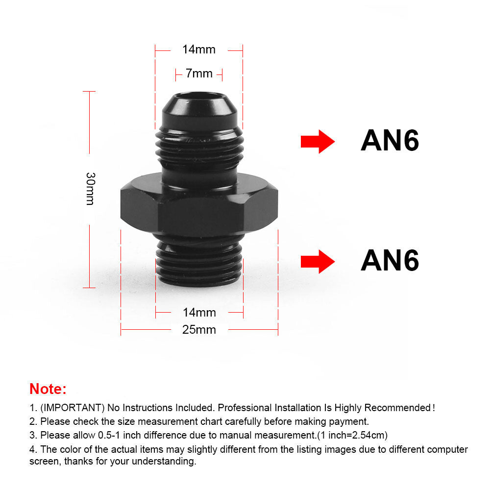 2Pcs ORB 6AN to 6AN Flare Male Fuel Rail Adapter Fitting Black Aluminum