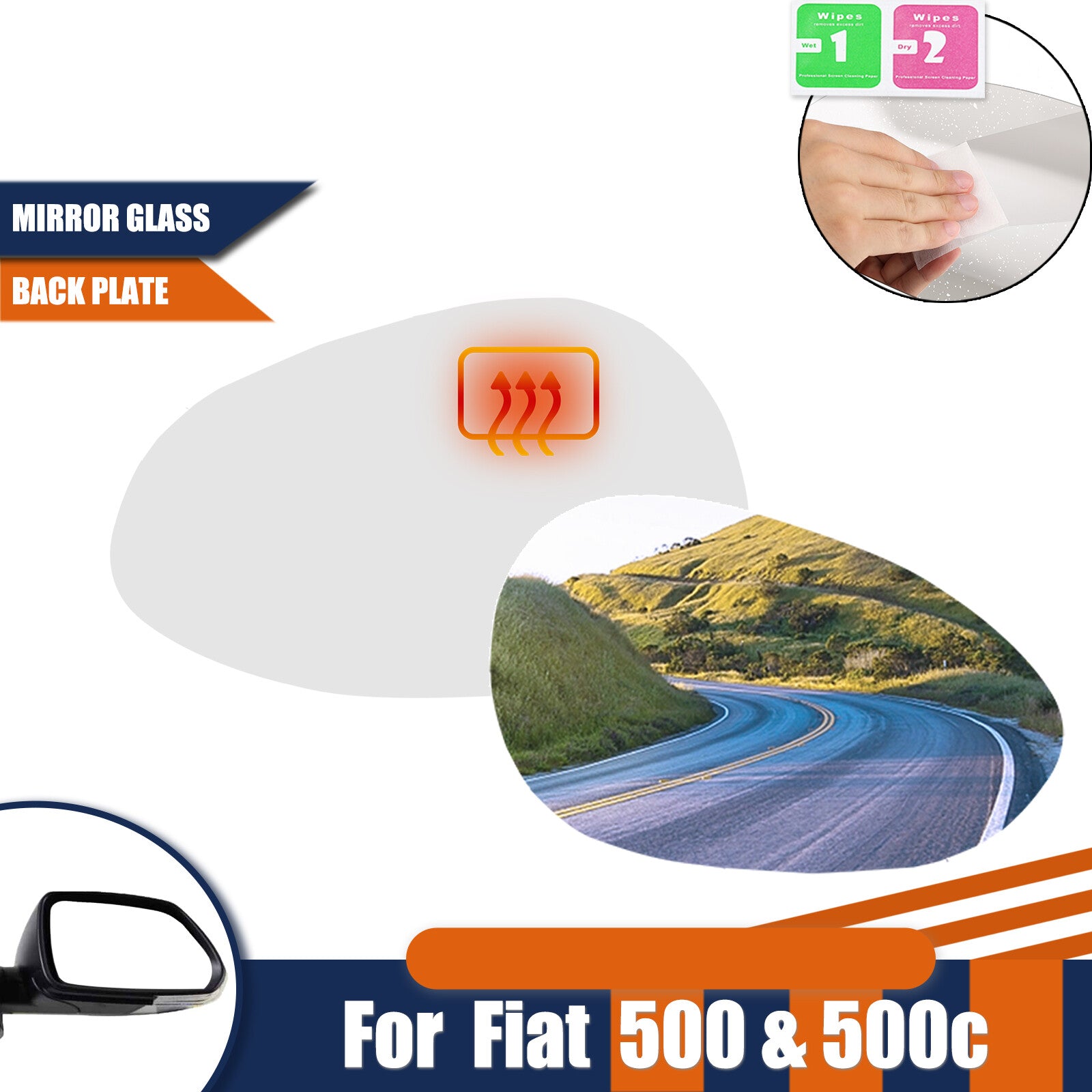 2PCS for Fiat 500 500c 2007 to 2023 Right & Left Side Heated Wing Mirror Glass