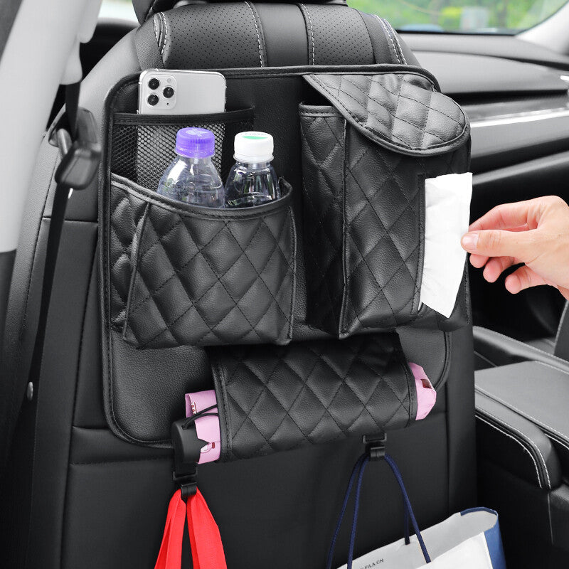 Car for Seat Back Bag Organizer Storage Phone Holder Multi-Pocket Black PU Leather