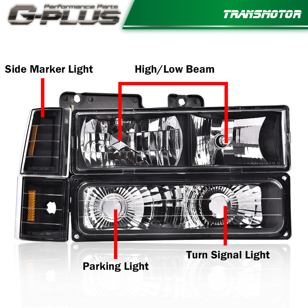 Suitable for 94-99 Gimsi C10 C/K for Sierra for Yukon black headlights, bumper lights (pair).