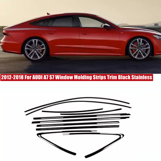 For 2013-18 for Audi A7 S7 Gloss Black Steel Window Full Molding Strip Trim Set 10x