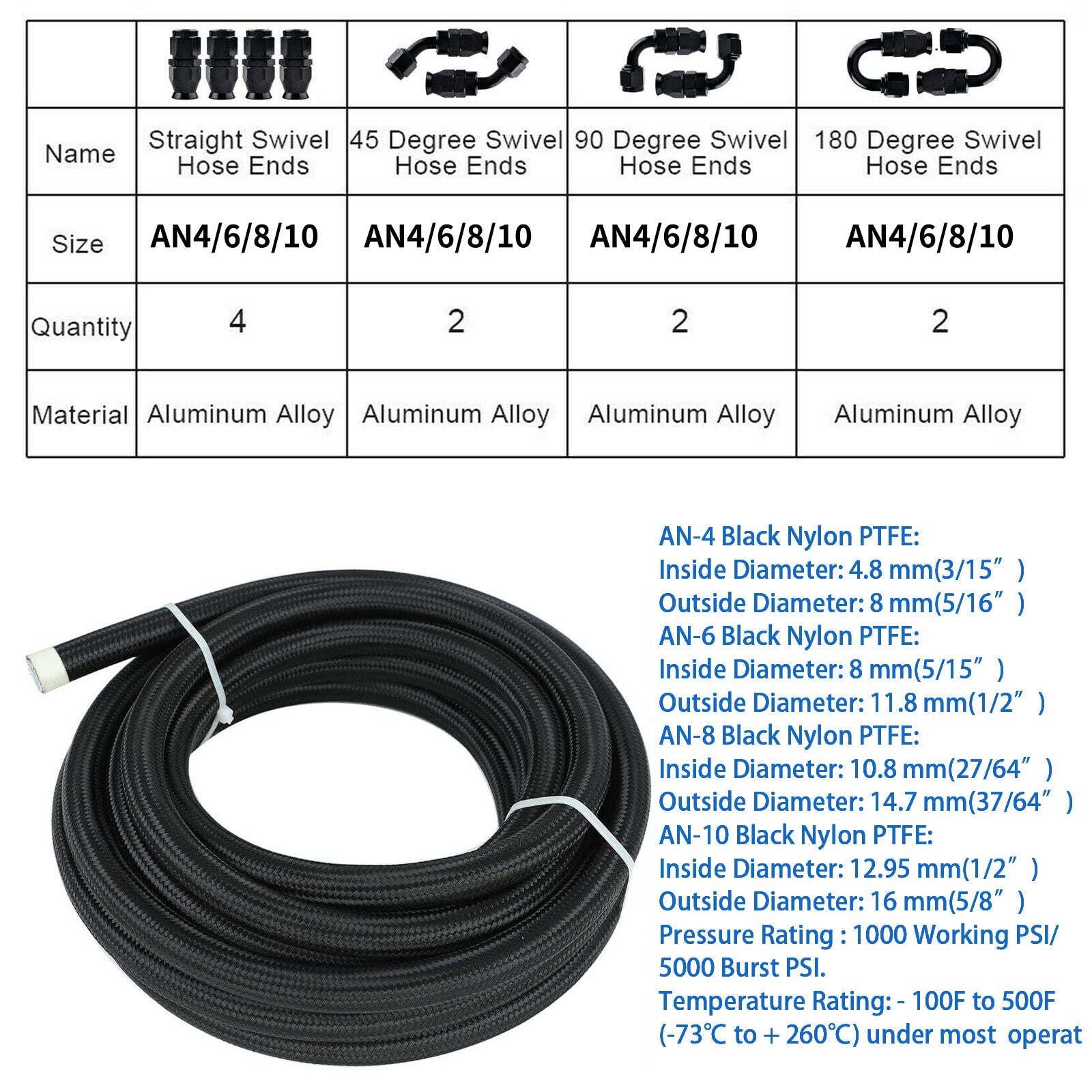 Black Nylon Braided E85 PTFE Fuel Line 20ft 8AN- AN8 10 Fittings Hose kit E85