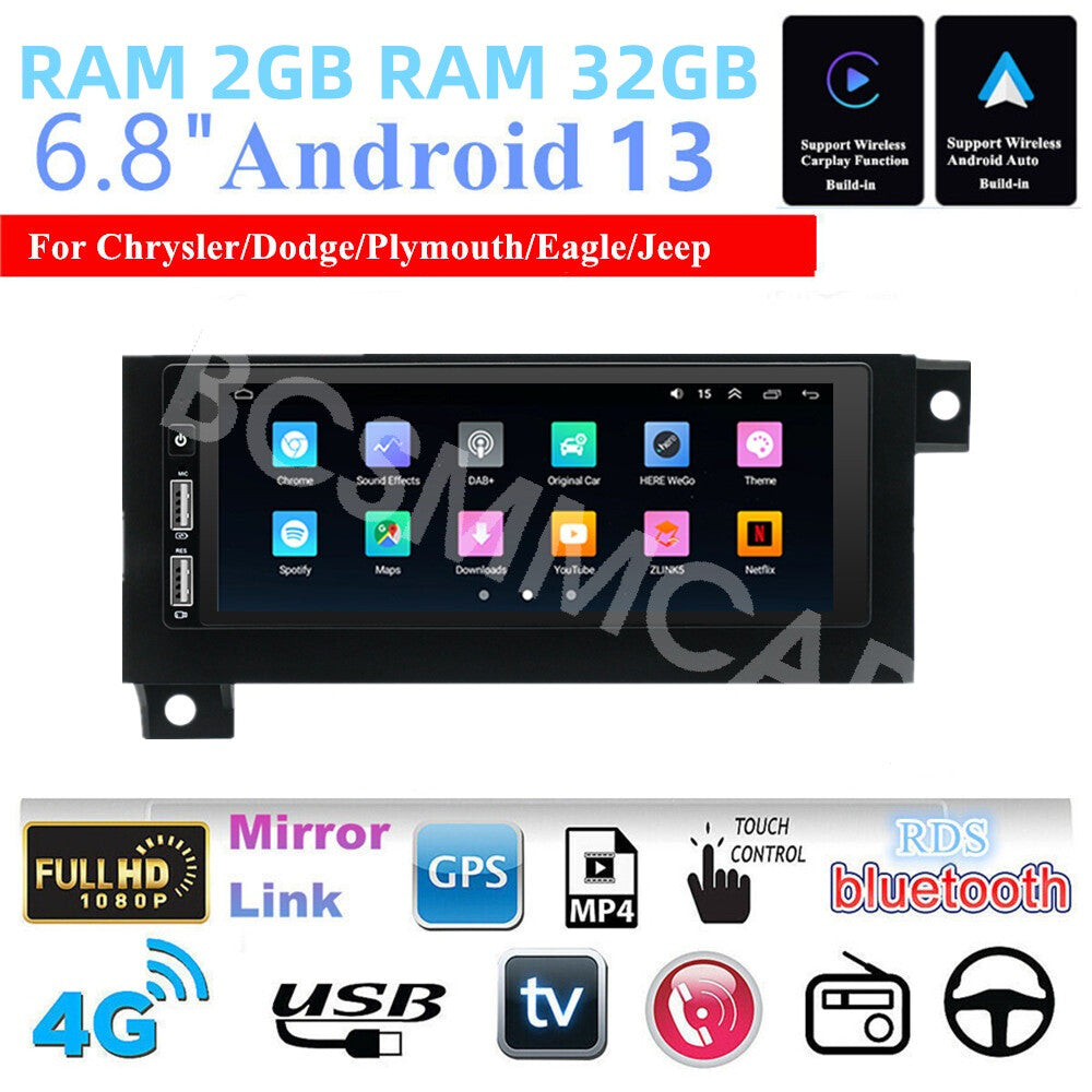Android 13 Car Radio GPS Navi Bluetooth W/Frame Fit for Jeep Cherokee 1997-2001