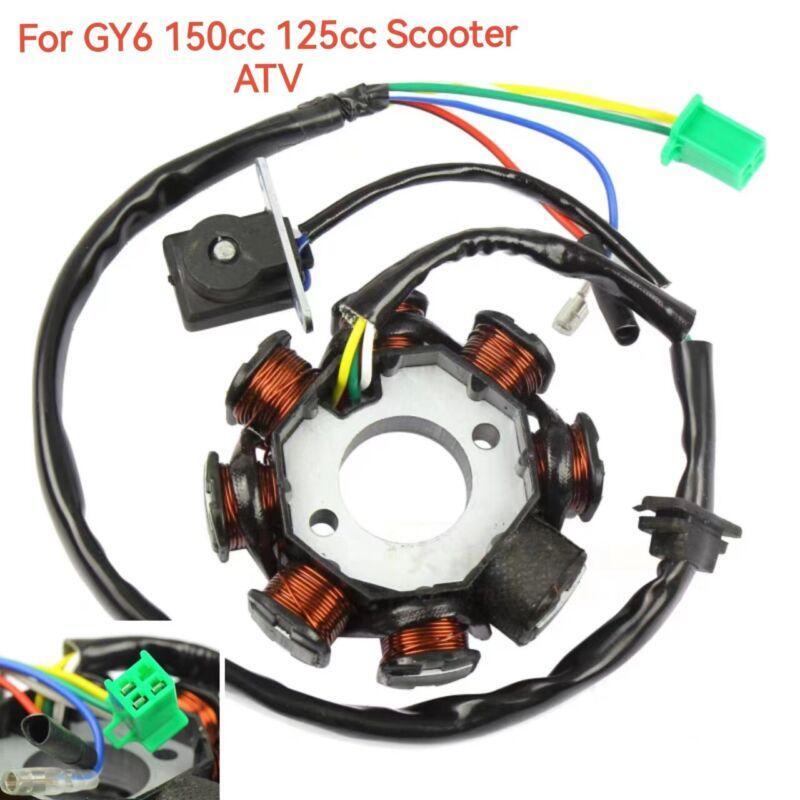 DC ignition stator coil generator with 8 rods suitable for GY6 150cc and 125cc scooters/all-terrain vehicles.