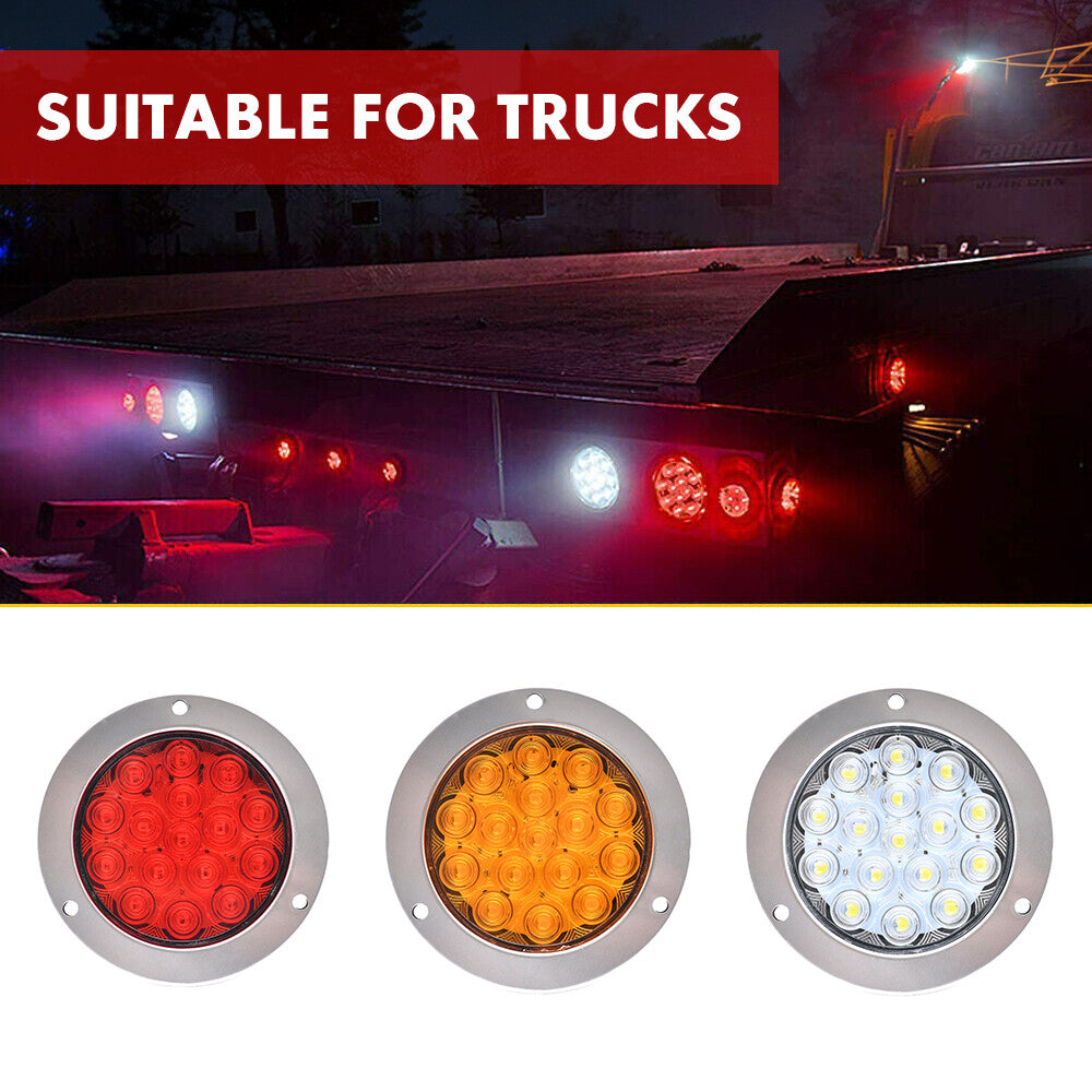 2-Pack 4-inch Chrome 16-LED Round Truck Trailer Rear Stop Turn Brake Light Cable Rings n