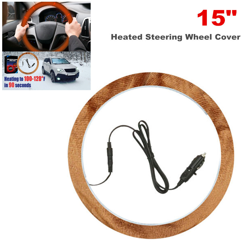 15-inch Brown Heated Steering Wheel Cover - Comfortable Car Steering Wheel Protection n