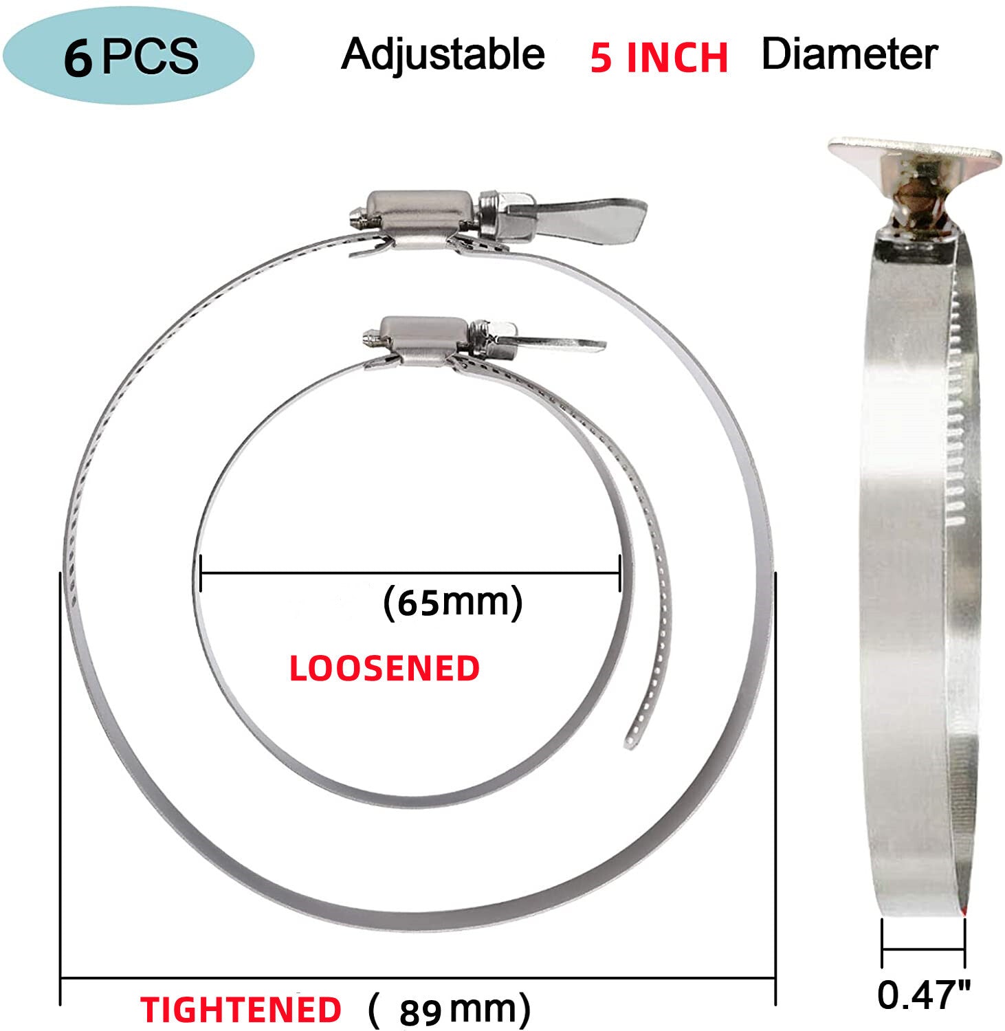 Thumb screw hose clamp 5-inch adjustable 65mm-89mm hose clamp worm gear hose clamp