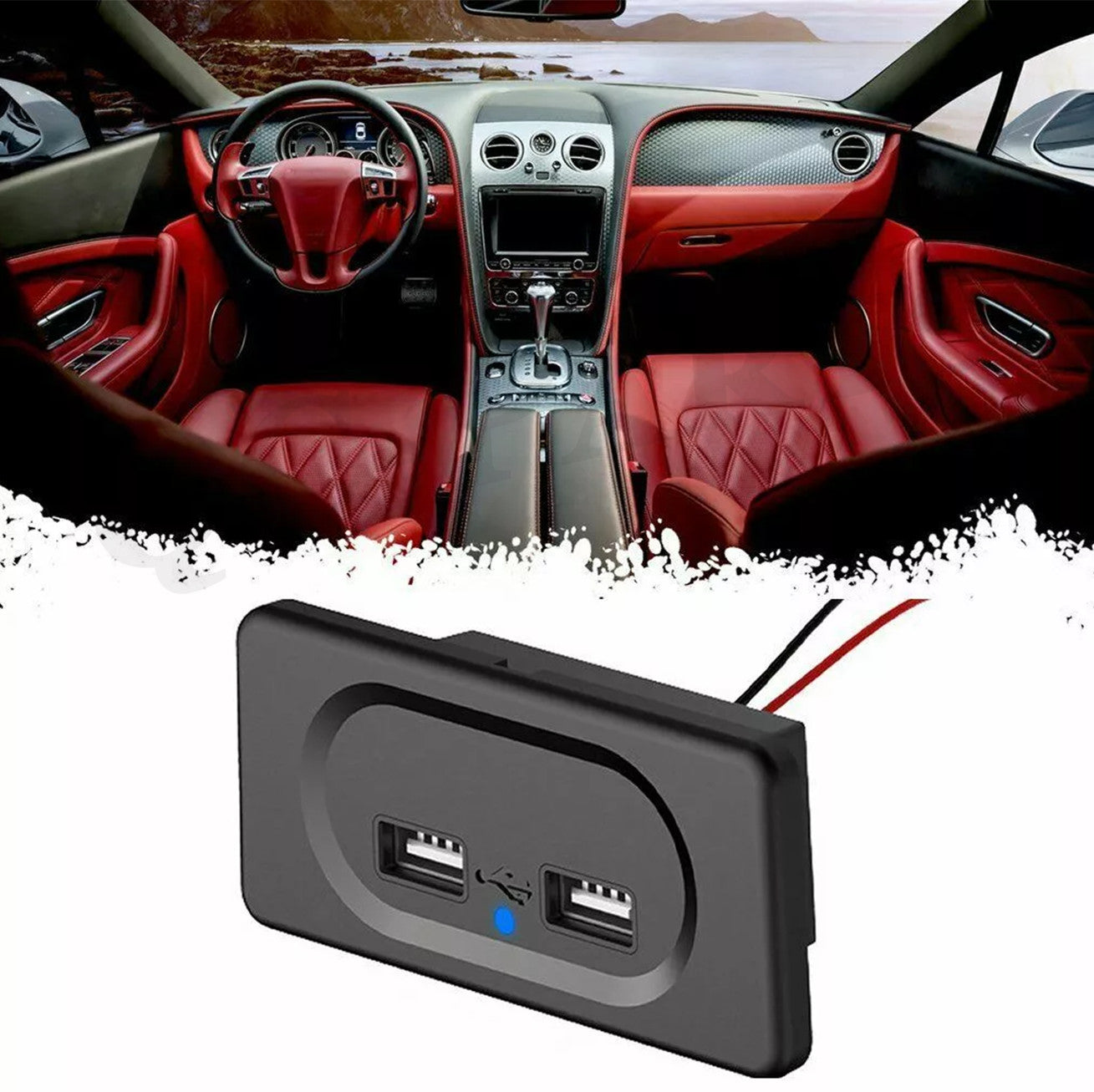 Dual USB charger socket with blue LED indicator for car, SUV, and truck accessories.