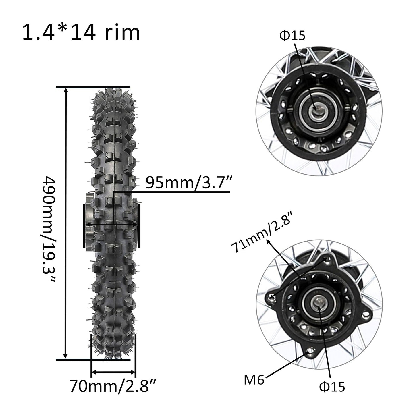 60/100-14 and 80/100-12 front and rear tire rims are suitable for scooters with a 110cc or 125cc caliber.