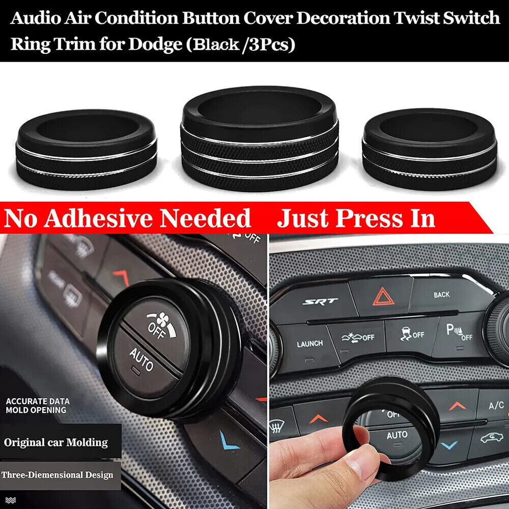 3x AC Radio Switch Trim Ring Knob Cover Fit for Dodge for Challenger / for Charger 15-20