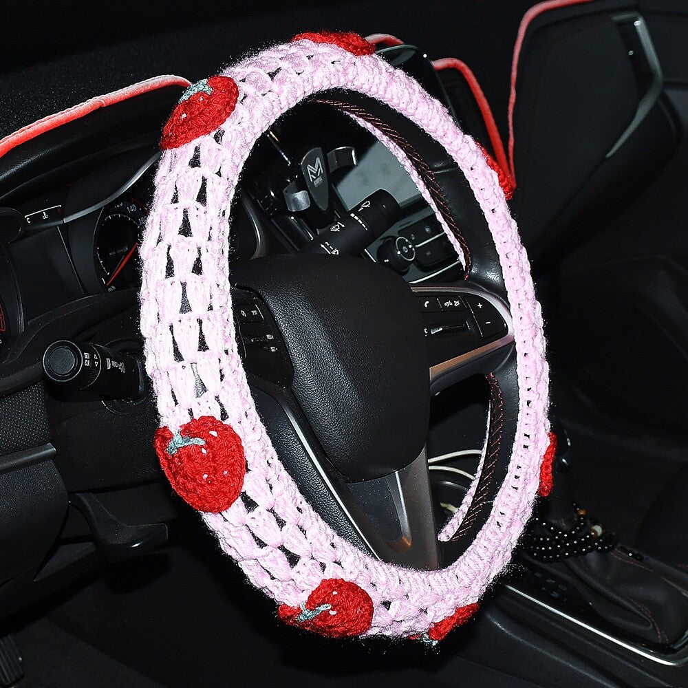 14-15in Boho Crochet Steering Wheel Cover Strawberry Steering Wheel Protector
