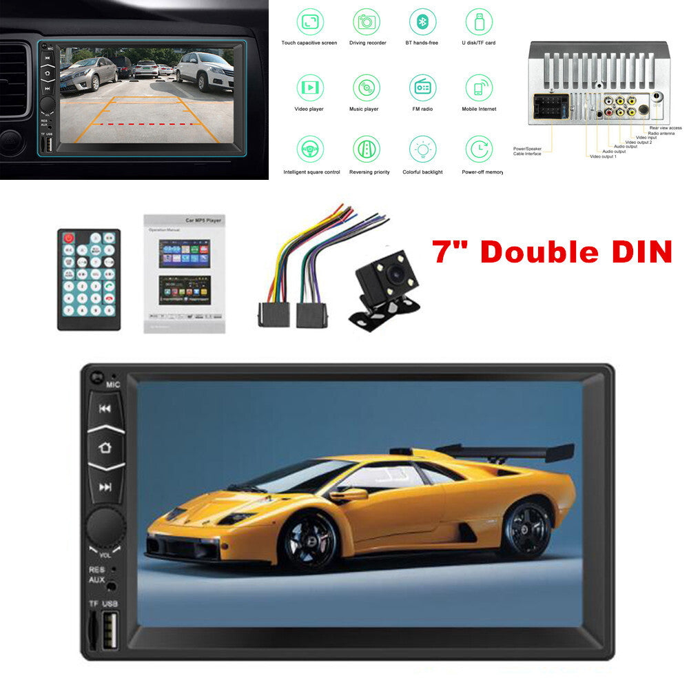 7-inch dual DIN car stereo radio with video, MP5, audio, Bluetooth, touchscreen, USB, and AUX input. n