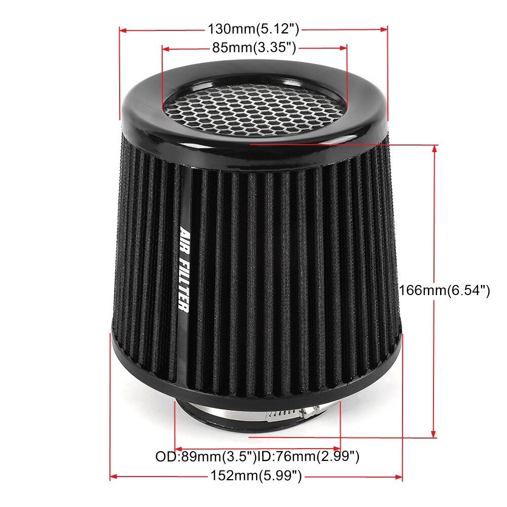 Black 3 76mm High Flow Inlet Cold Air Intake Cone Replacement Dry Air Filter