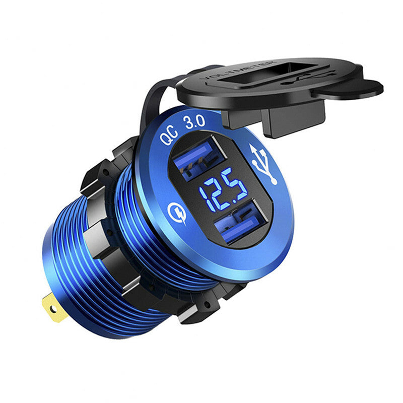 12V QC3.0 Dual USB Car Fast Charger Socket Power Outlet LED Voltmeter Waterproof