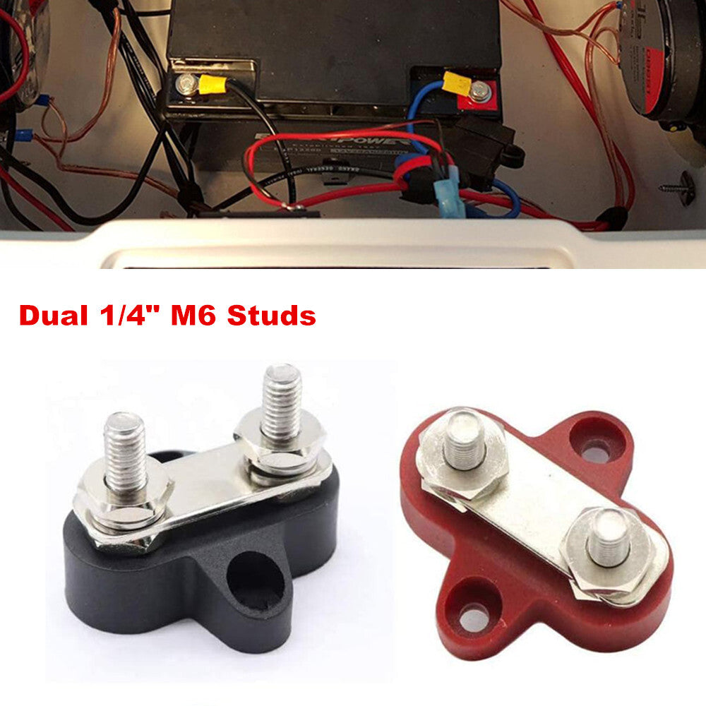 2-pack of dual 1/4-inch M6 stud battery terminal blocks, red and black. n