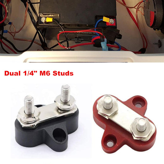 2-pack of dual 1/4-inch M6 stud battery terminal blocks, red and black. n
