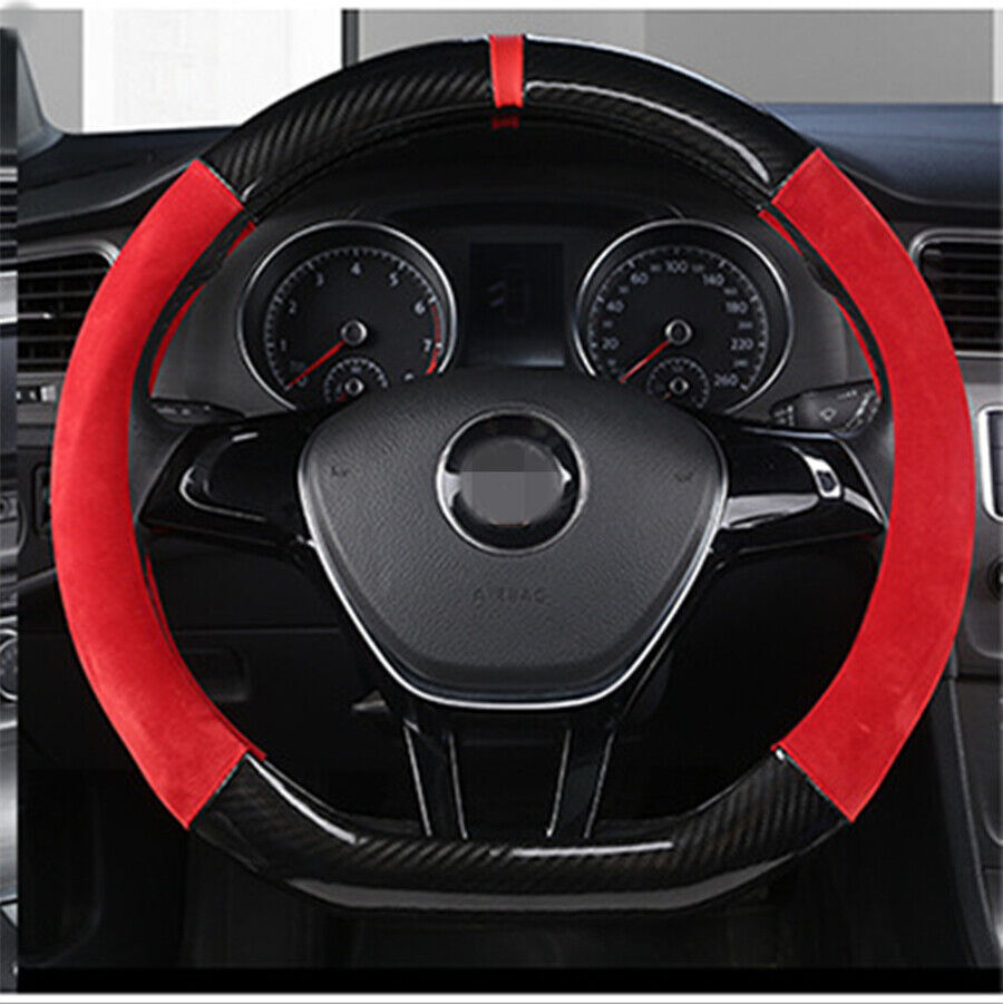 38cm Car Steering Wheel Cover Trim Deluxe Black Red Glossy Carbon Fiber+Leather Q