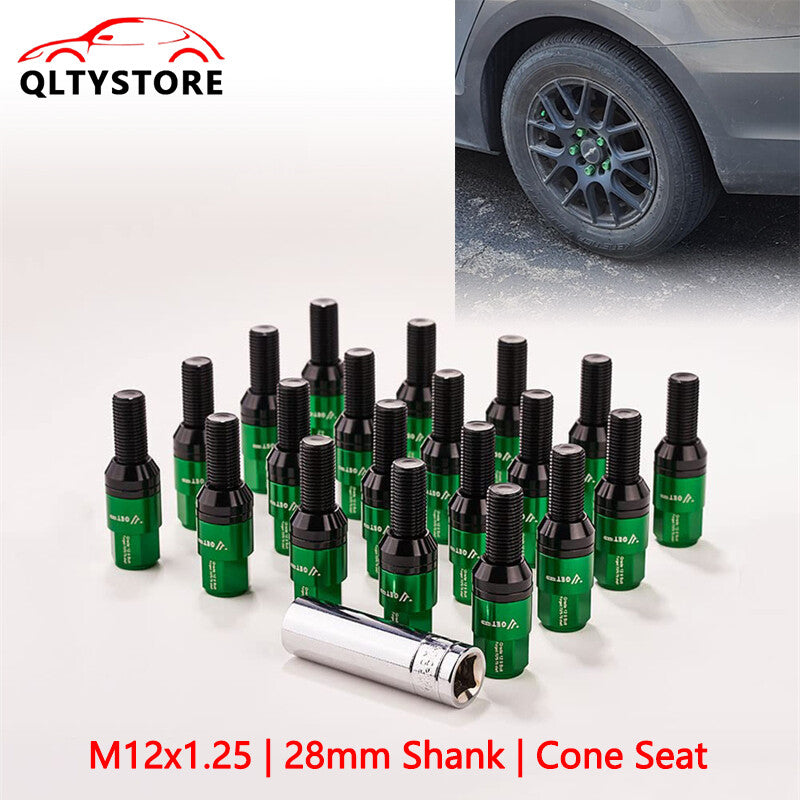 20x M12x1.25 Wheel Lug Bolt 28mm Shank Cone for Seat Stud for Most Aftermarket Green Q