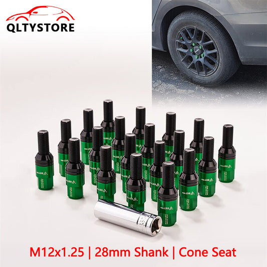 20x M12x1.25 Wheel Lug Bolt 28mm Shank Cone for Seat Stud for Most Aftermarket Green Q