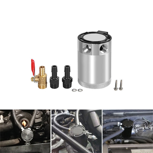 Oil Catch Can Baffled 2Port Oil Catch Tank Reservoir Drain Valve Universal Silve Q