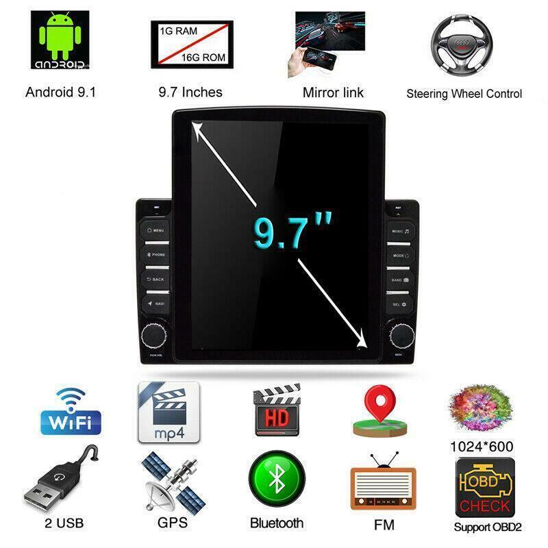 1DIN Vertical 1GB+16GB 9.7 Android 9.1 Car Stereo Radio GPS Navigation WIFI FM
