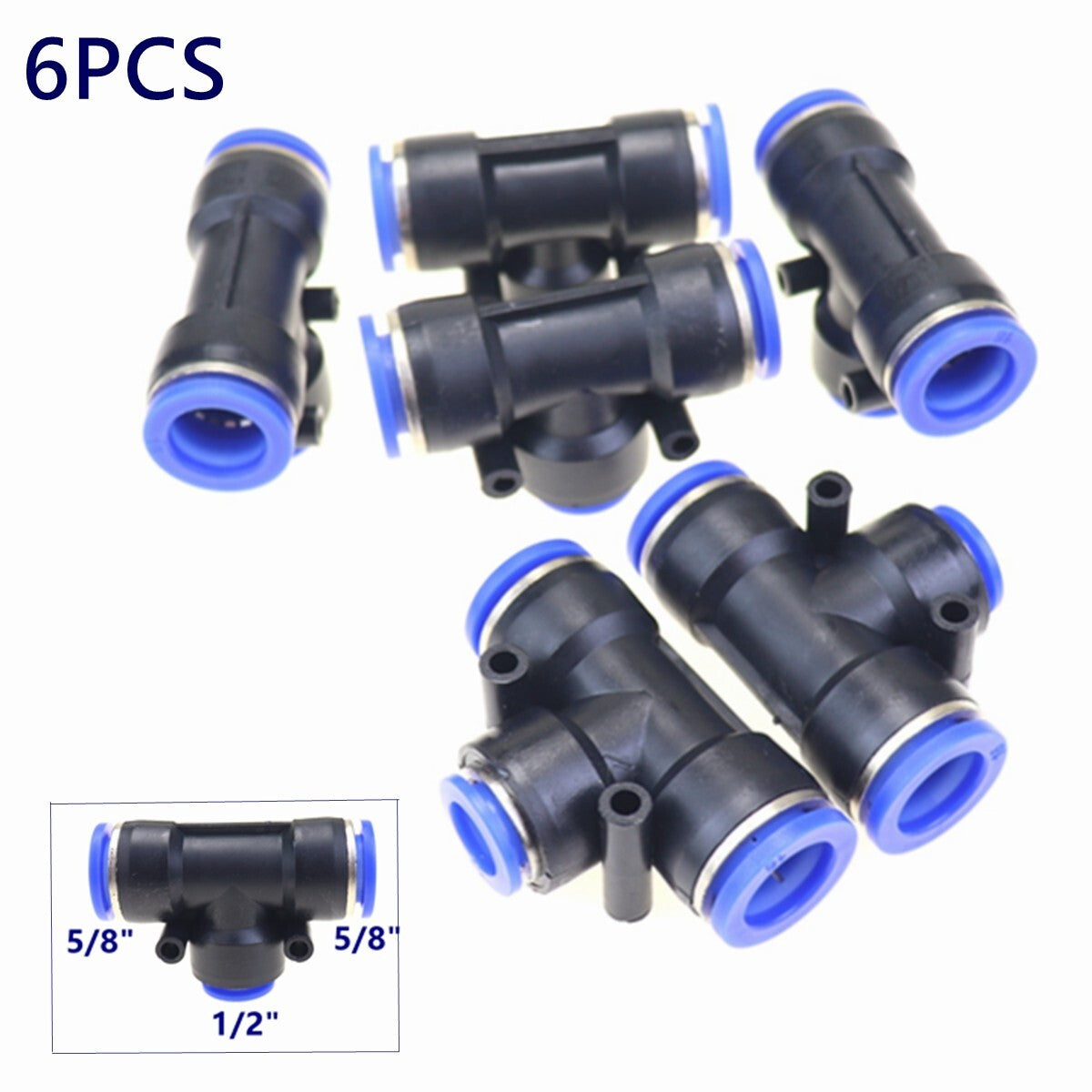 6X Pneumatic Reduced Tee Union Push In Fitting Tube OD 5/8 To OD 1/2 One Touch