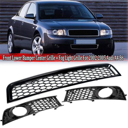 3-piece front lower grille + fog light grille trim set suitable for 2002-05 for Audi A4 B6 sedans - protective cover