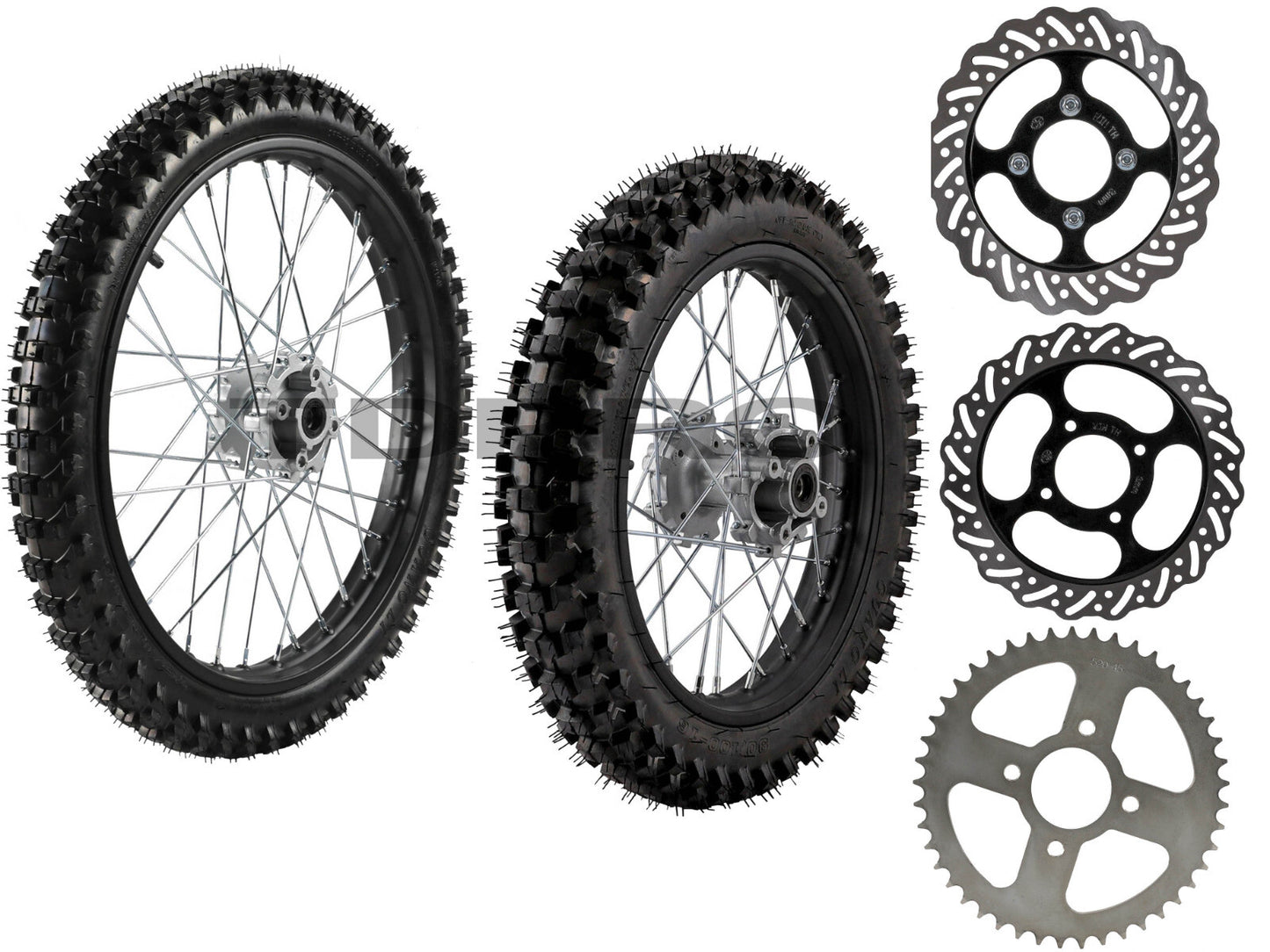 Front and rear wheels 70/100-19 90/100-16, tires, rims, sprockets, Dirt Pit bicycle 200cc