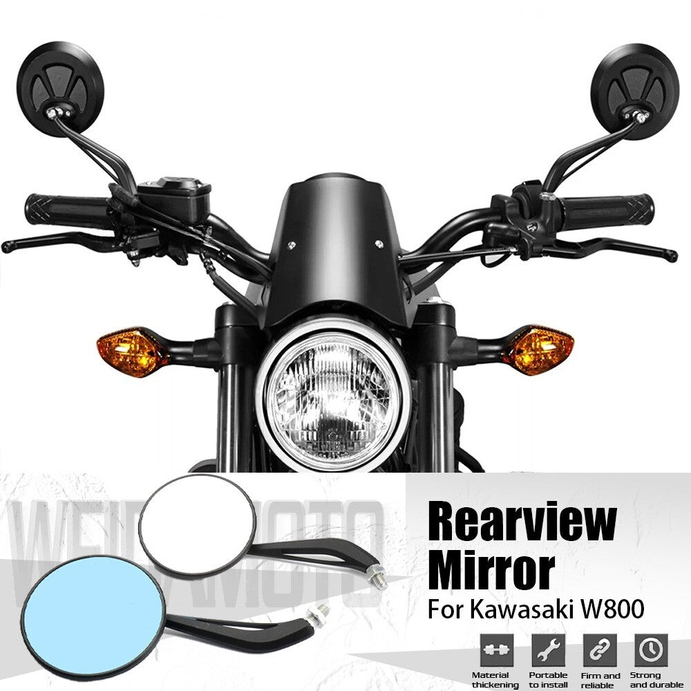 for Kawasaki W800 Motorcycle Round Side Mirrors Long Stem Black Rearview HD