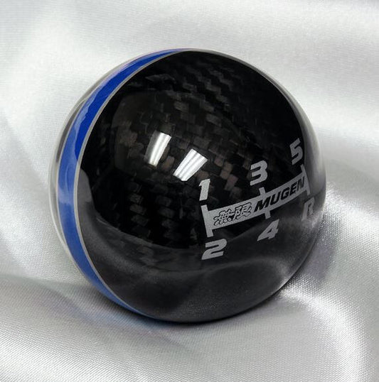 Car Shift Knob 5-speed Mugen, black carbon fiber with blue and silver stitching, for Honda for Acura .