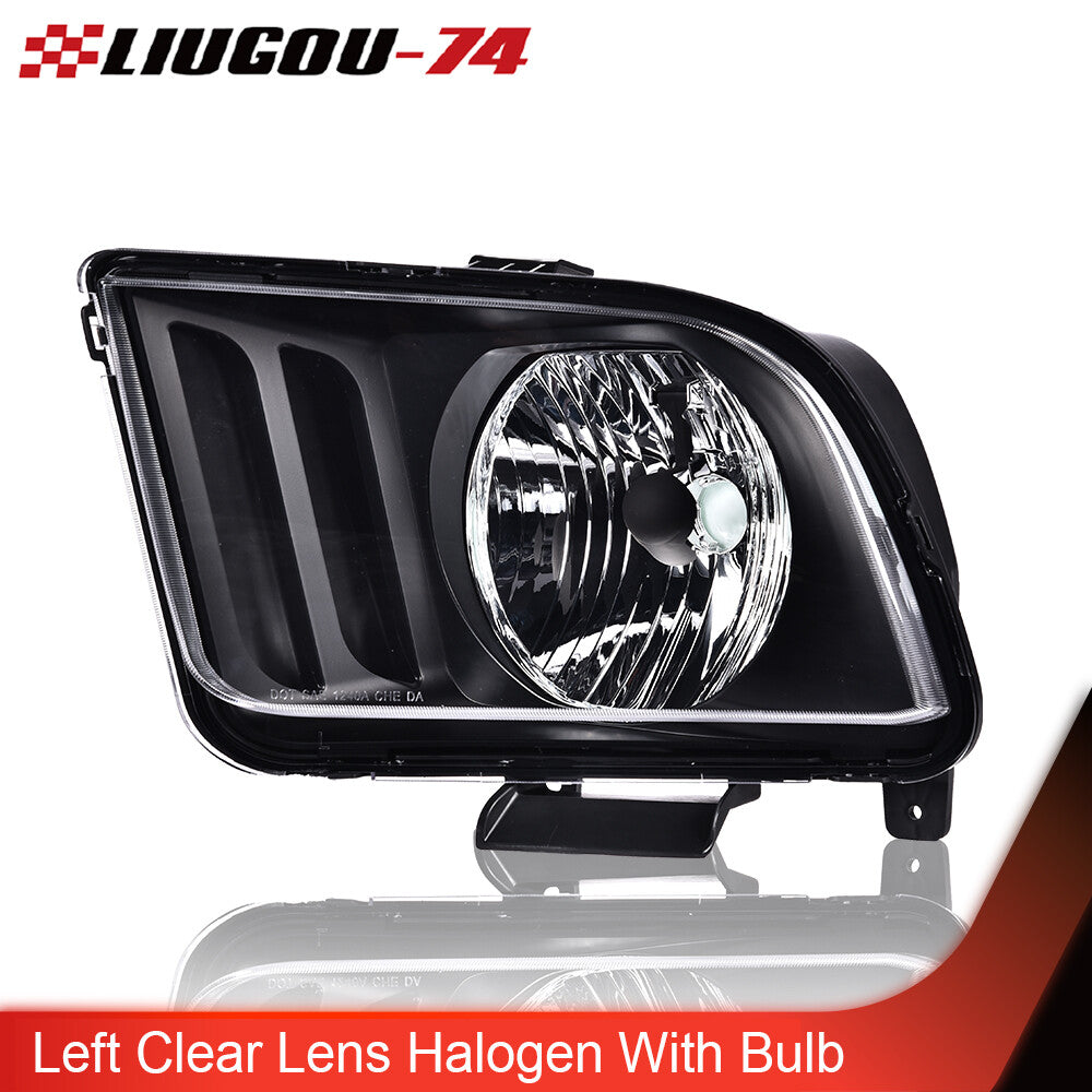 Suitable for 05-09 for Ford for Mustang left headlight with transparent lens, black housing, and bulb.