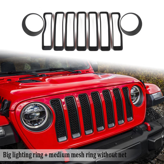 9pcs Front Headlight LampGrille Inserts Ring Cover Trim for Jeep for Wrangler JL18+