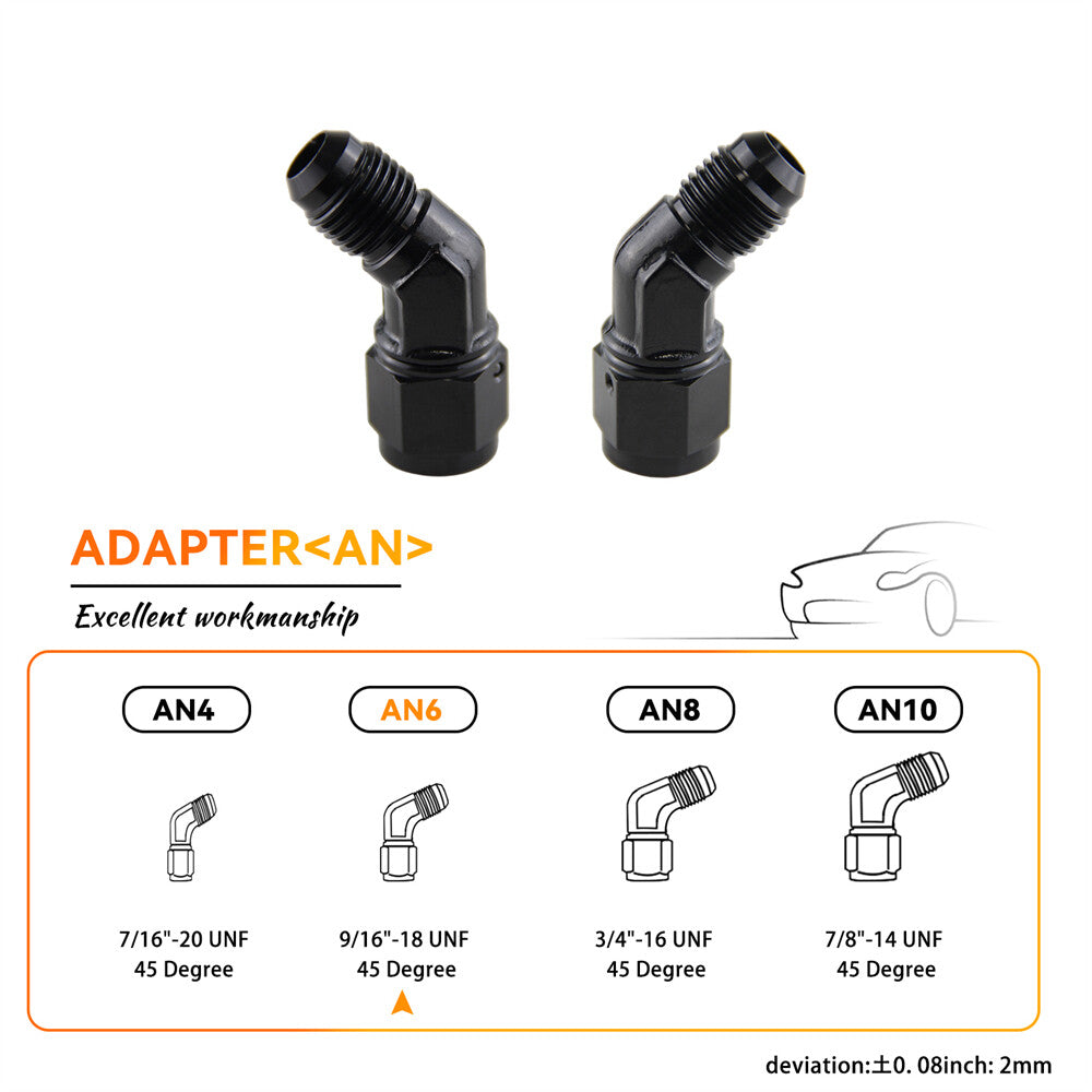 2PCS AN6 Female to 6AN Male 45 Degree Flare Swivel Hose Fitting Adapter Black