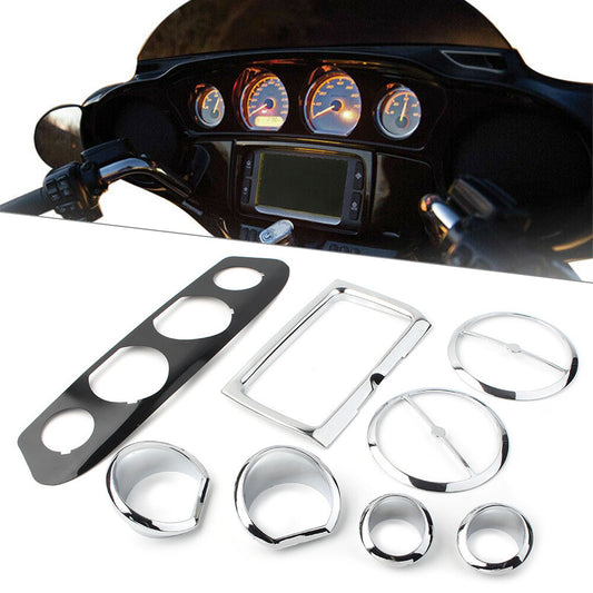 8X Chrome Gauge Bezel Trim Mount Plate for Harley Touring Electra Glide 2014-up