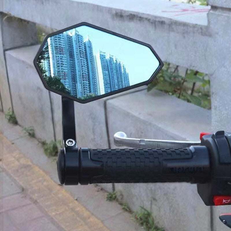 A pair of motorcycle pole-end mirrors with adjustable handlebars and rearview mirrors. n