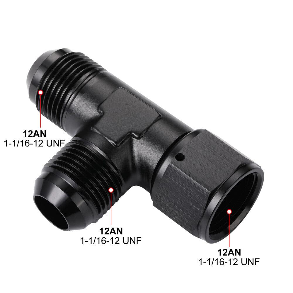 Black AN12 12-AN Female to 2x AN12 12-AN Male 3-Way Tee T-Piece Fitting Adapter