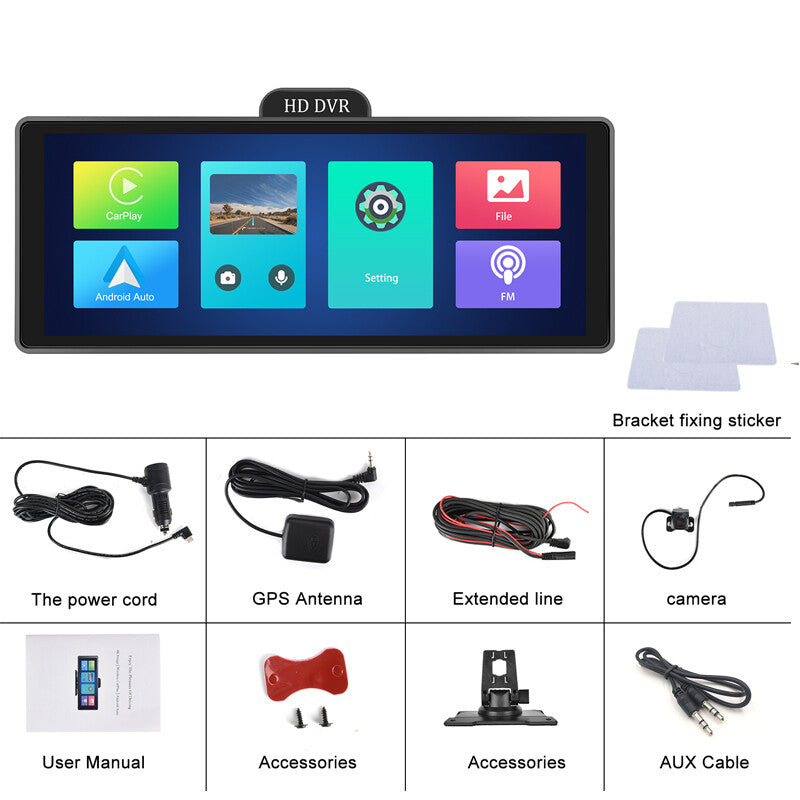10.26-inch touchscreen car dashcam with wireless CarPlay, Android Auto radio, ADAS, and GPS. n
