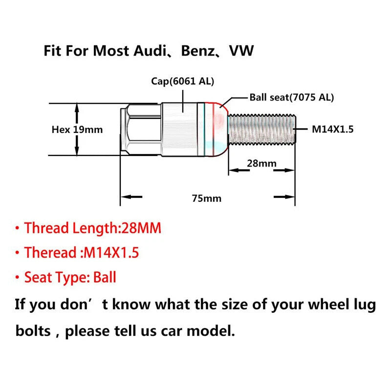 20x M14x1.5 Wheel Lug Bolt Set28mm Shank Ball for Seat Studs for Audi for VW for Benz Silver Q
