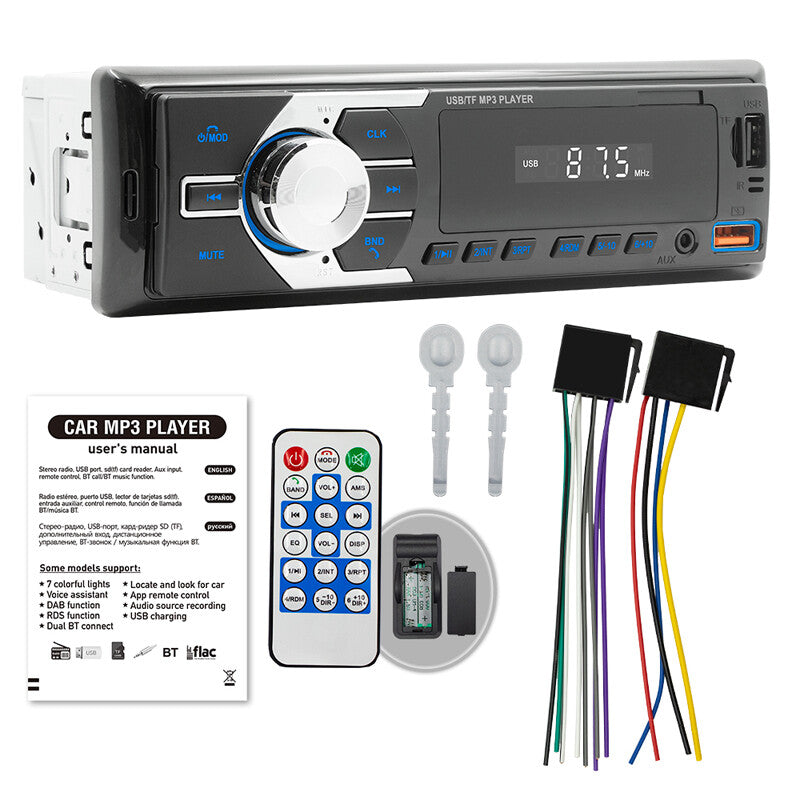 1 DIN car stereo receiver, car voice assistant finder, radio, Bluetooth, USB charging. n