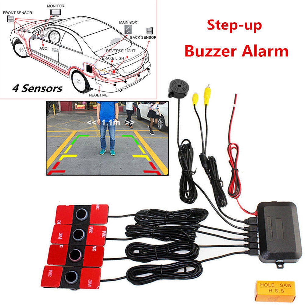 Visible Car Video Parking Reverse Backup Assistant Radar Alarm Kit 4 Flat Panel Sensors - n
