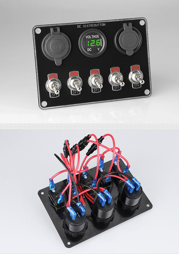 12V rocker ignition switch panel, 5-way voltmeter, dual USB ports, suitable for racing cars, trucks, and boats. n