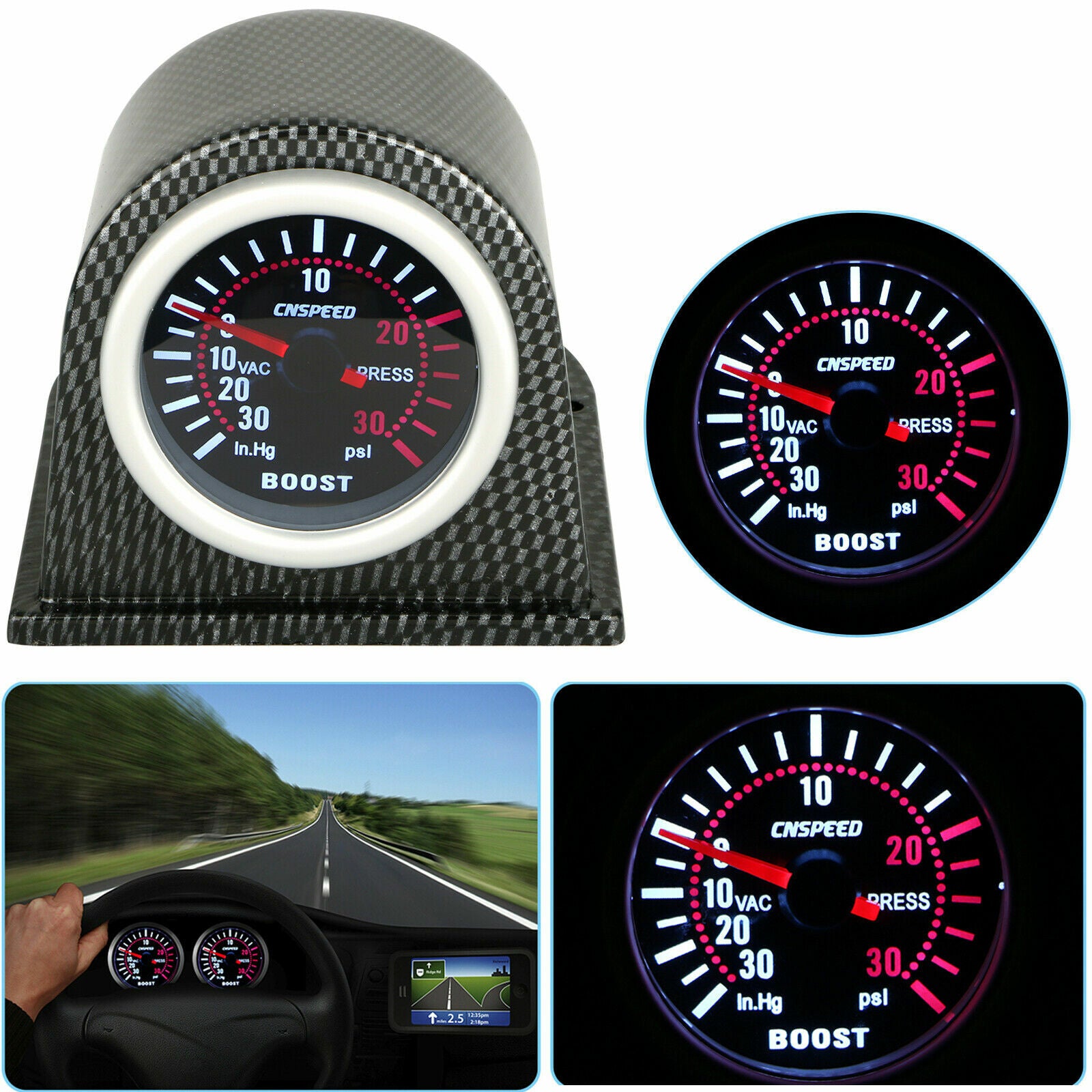 52mm LED Turbo Boost Pressure Pointer Gauge Meter Pod Smoke Dials Tint 30PSI Q