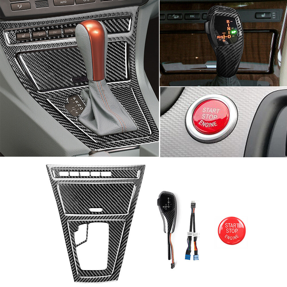 for BMW X3 E83 2004-2010 Carbon Fiber LED Gear Shift Knob Red Start Button Cover