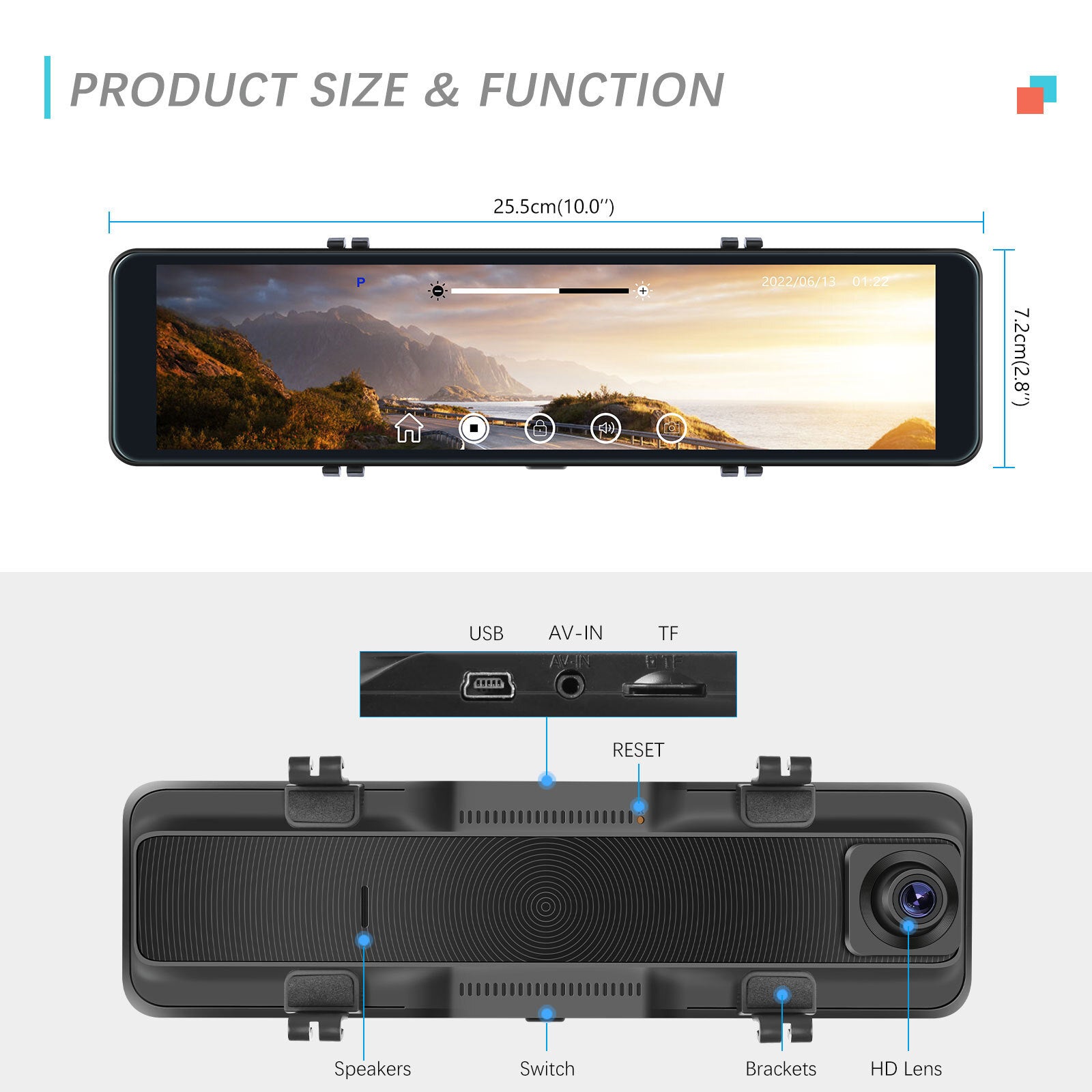 HD 10LCD Dual Lens Car SUV Rearview Mirror Dash Cam Recorder w/Camera 64G card v